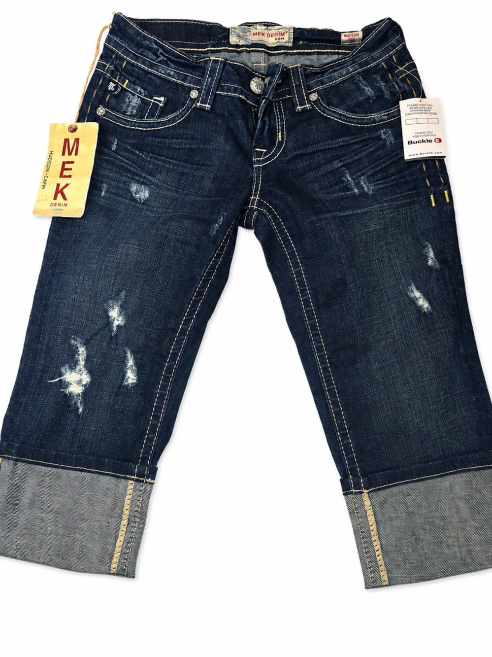 MEK Denim Dark Blue Distressed Ankle Crop Jeans